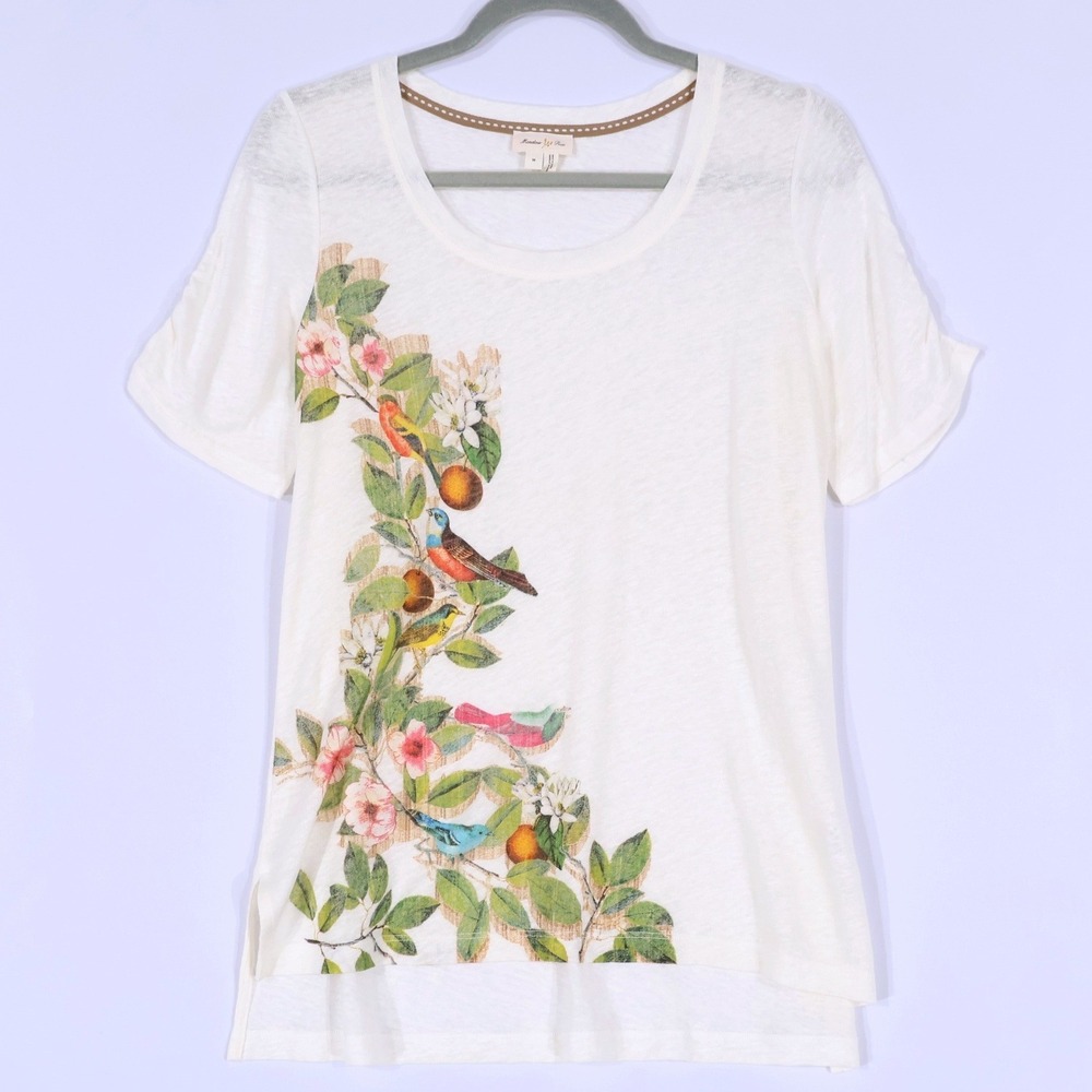 Meadow Rue Linen Bird Floral Top Womens M White Boho Short Sleeve Whimsical Chic